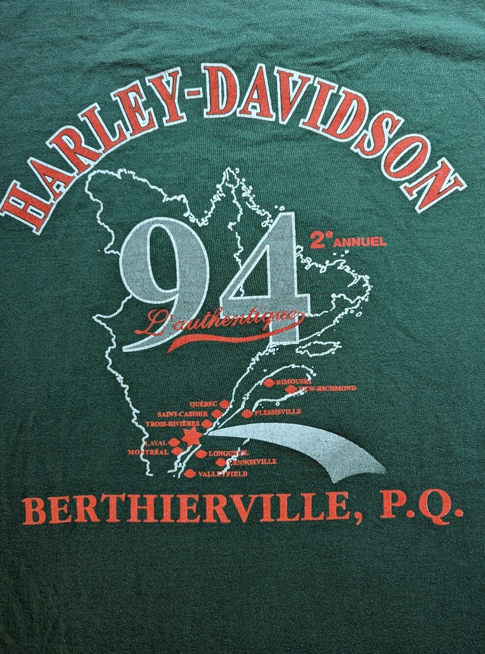Vintage 1994 Harley Davidson Canada T Shirt Green M 90s Quebec Berthierville Map